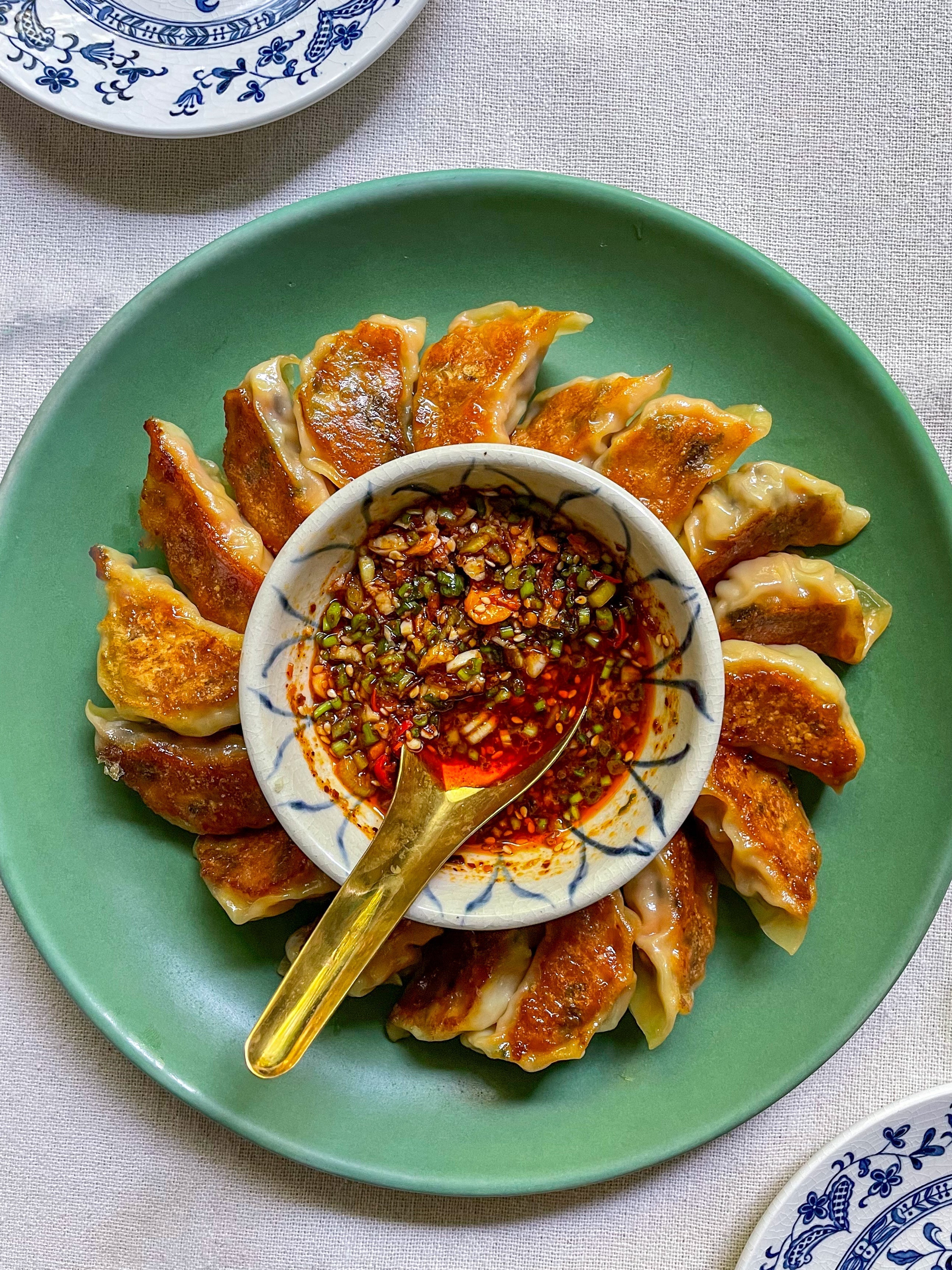 Lucky Dumplings with Chili Nut Crunch Dipping Sauce